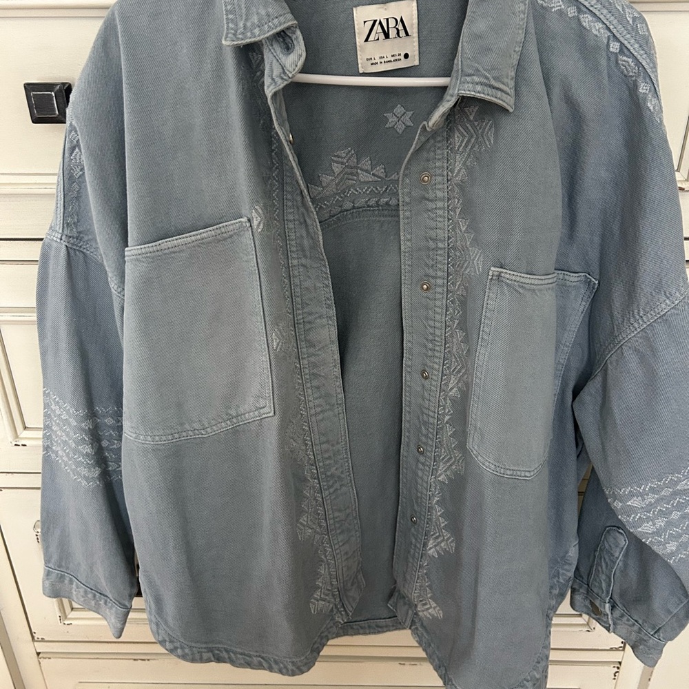 Zara denim Embroidered button down